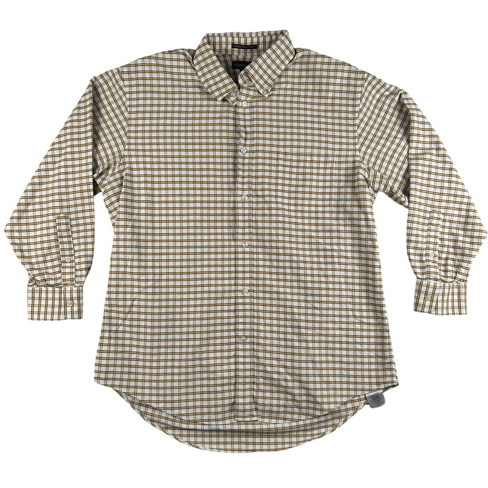 Lands' End Dress Shirt Mens 16.5 32/33 White Yellow Check Supima Button Down